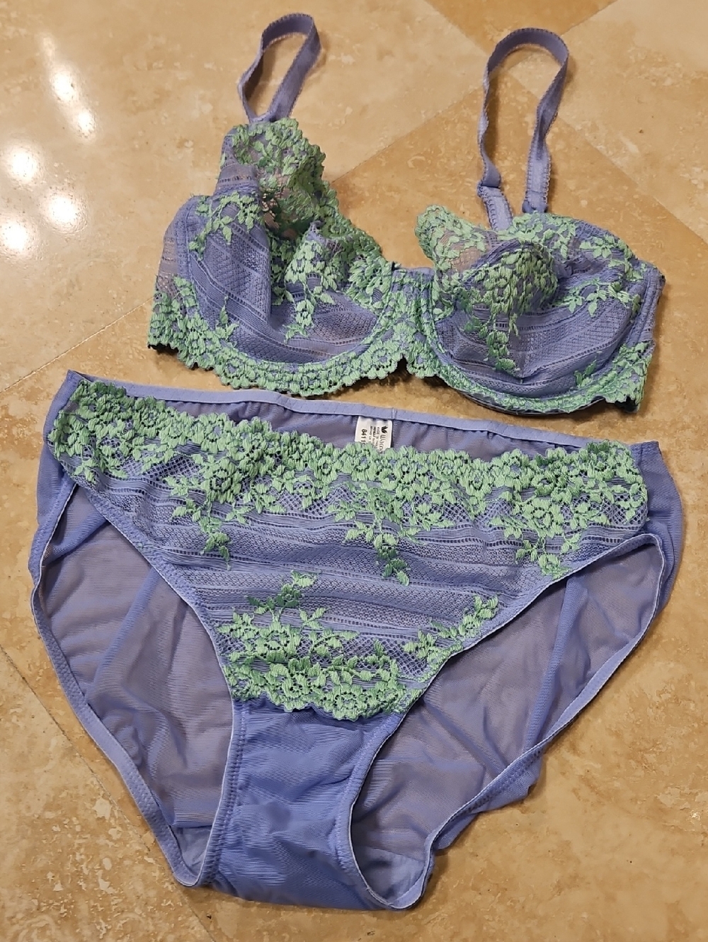 Wacoal Lilac Lace Underwire Bra & Bikini Set with Mint Embroidery
